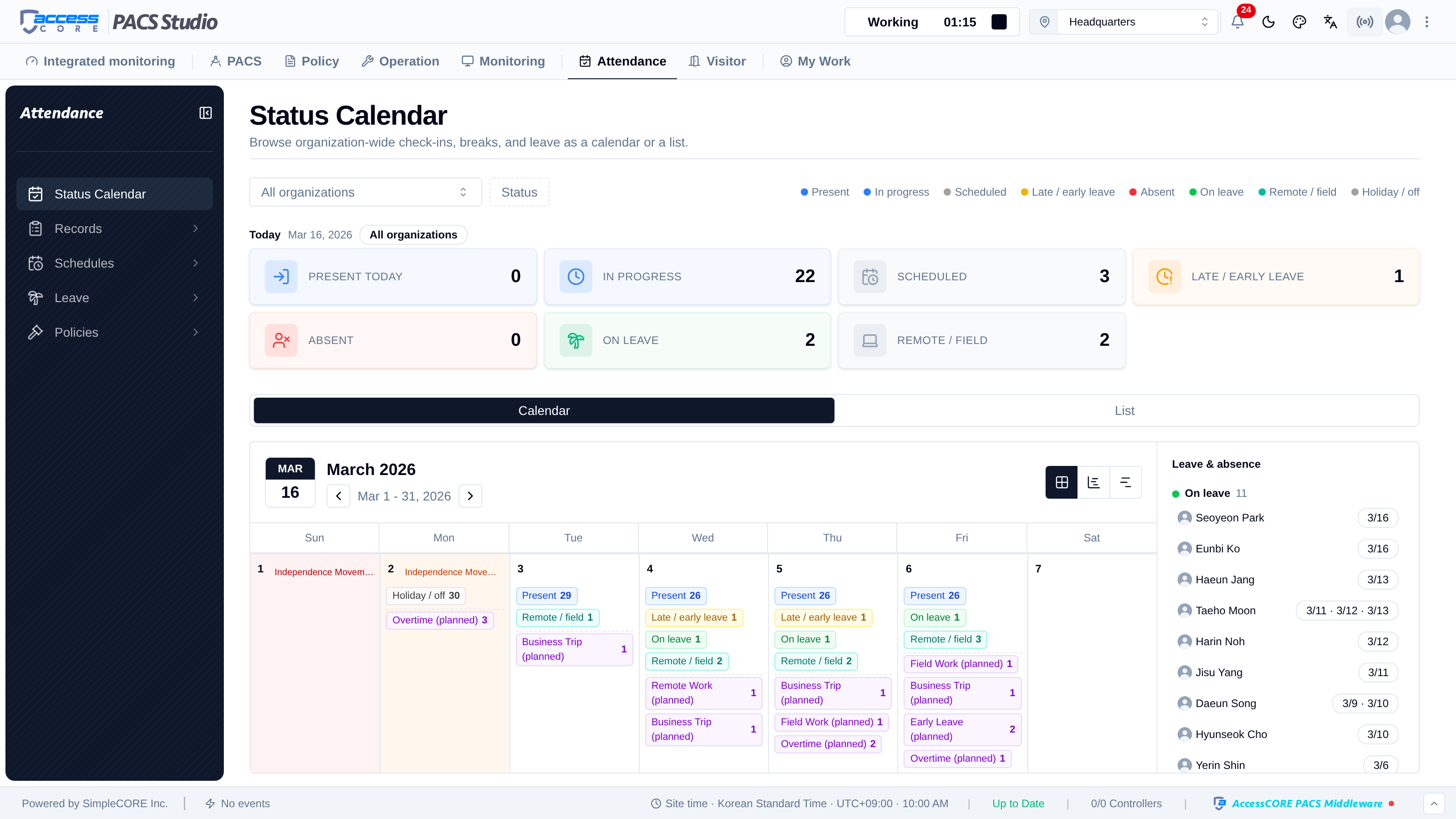 Organization attendance calendar