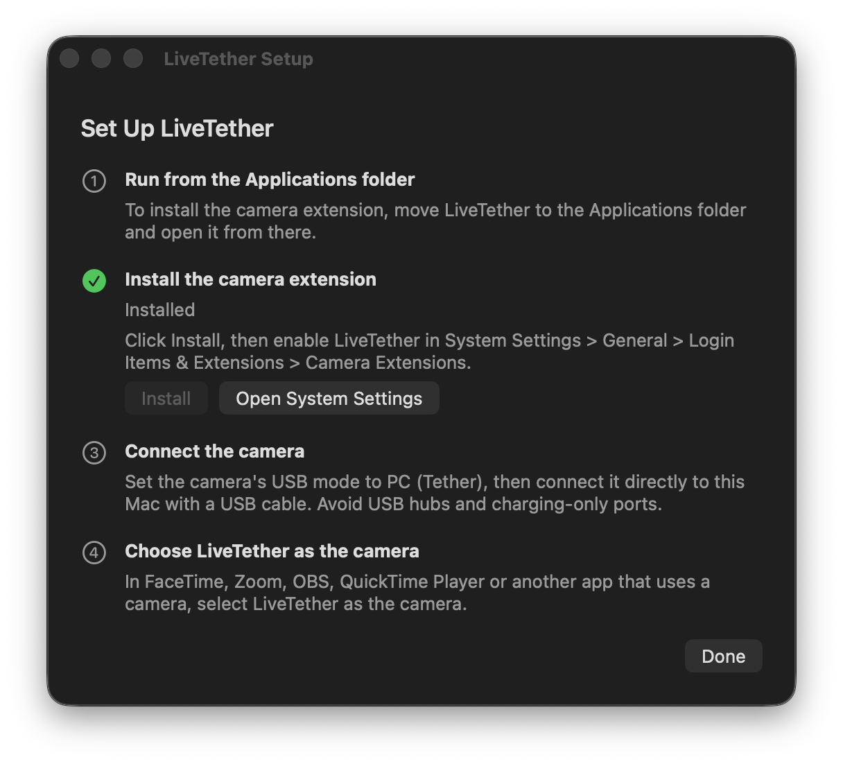 LUMIX를 Mac 웹캠으로 연결합니다.